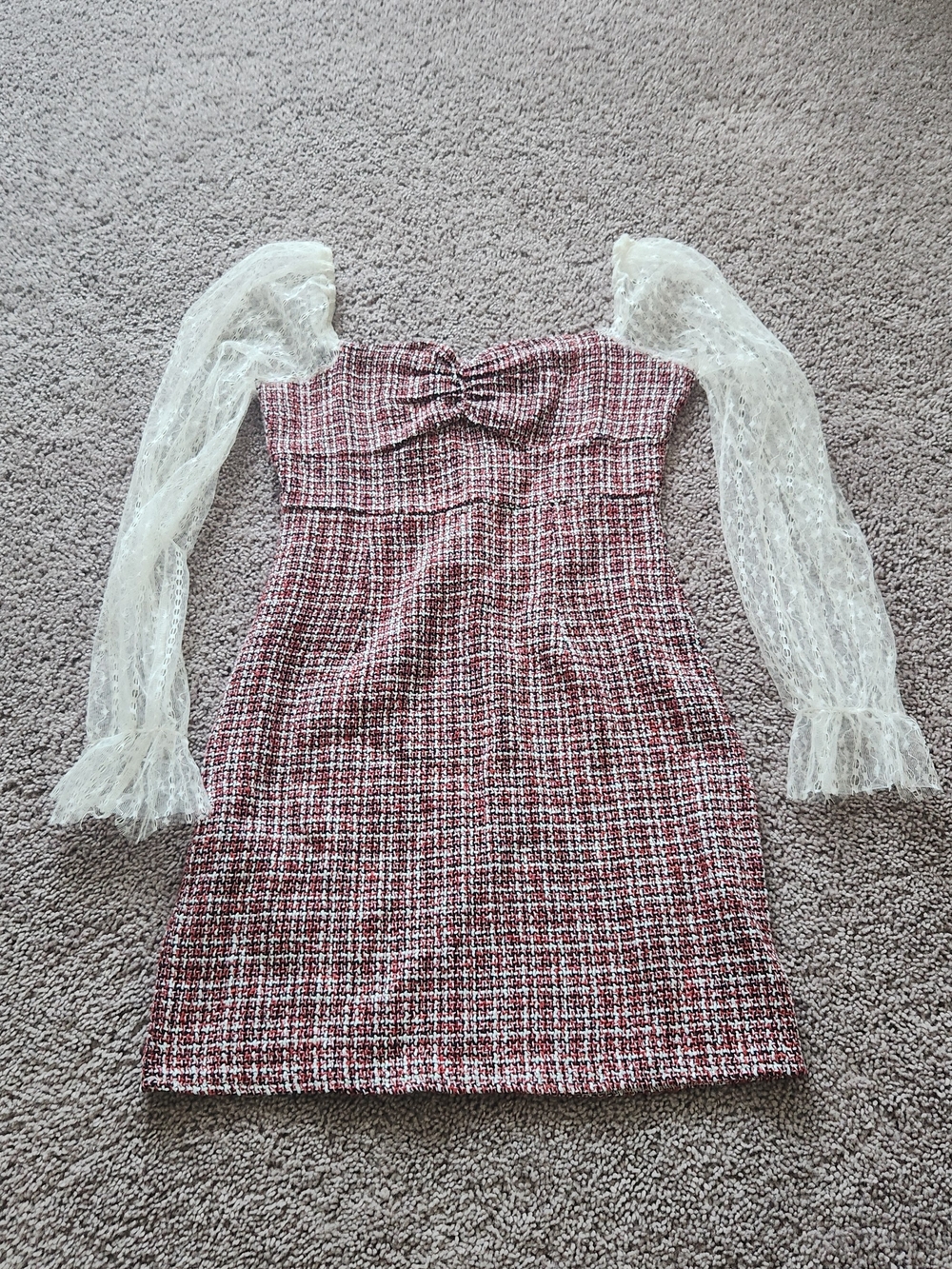 SHEIN Burgundy Tweed Mini Dress with Ivory Lace Sleeves